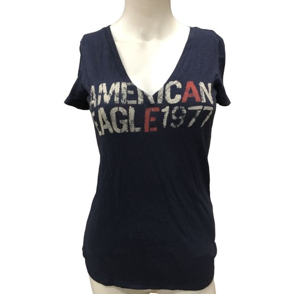 American Eagle Outfitters Women's Navy Blue V Neck Shirt Size Small - Picture 1 of 4